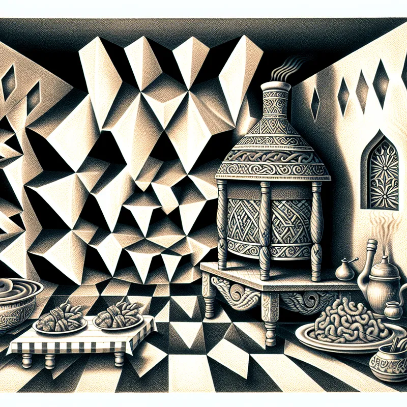 Surrealistische weergave van een Iraakse keuken met geometrische elementen, inclusief een grote oven en traditionele gerechten.