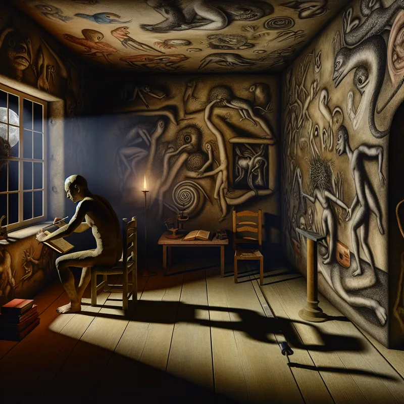 Een eenzame figuur zit in een donker verlichte kamer, omringd door oude boeken en schrijfmateriaal.