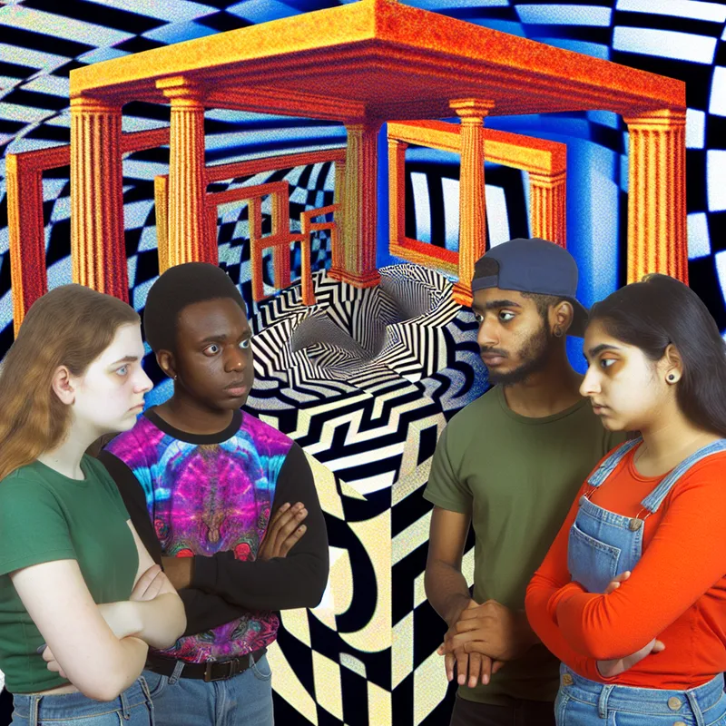 Groep jongeren in een surrealistische geometrische setting, vol optische illusies en patronen, die protestideeën uitdrukken.