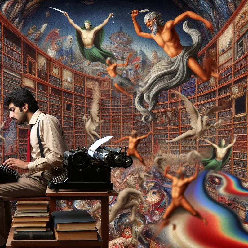 Een surrealistisch tafereel van een journalist die druk typend op een ouderwetse schrijfmachine omringd is door bizarre, antropomorfe boeken en vliegende ganzen.