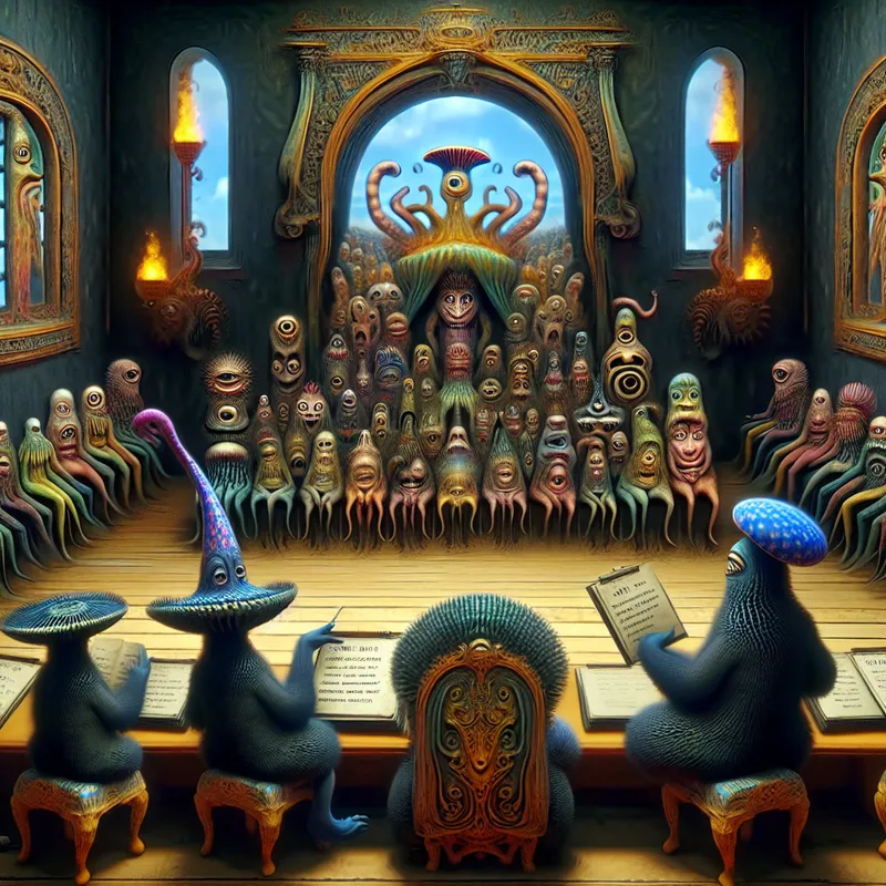 Surrealistische juryzaal met vreemde wezens die talenten beoordelen