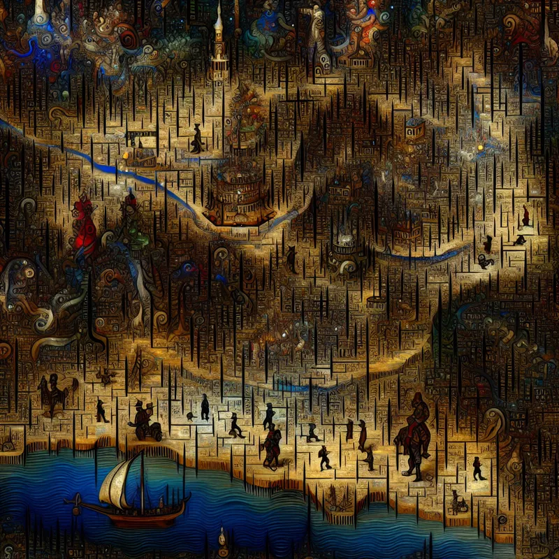 Surrealistische kaart van een fantasierijke stad met bizarre wezens en complexe details, vol met wonderlijke elementen.