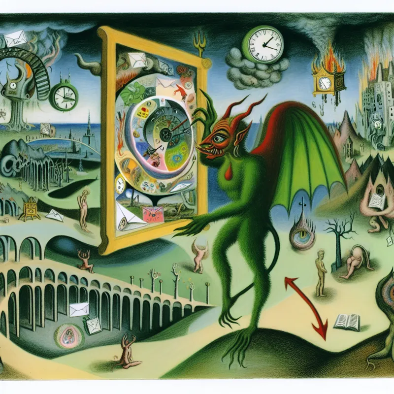 Een surrealistisch tafereel met een fantastCreature die een grote, kleurrijke ansichtkaart vasthoudt, omringd door bizarre elementen.