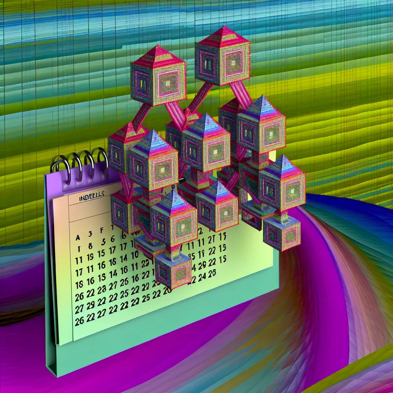 Kalligrafisch surrealistische kalender in de stijl van M.C. Escher met geometrische patronen en optische illusies, gezien vanuit een vogelperspectief.
