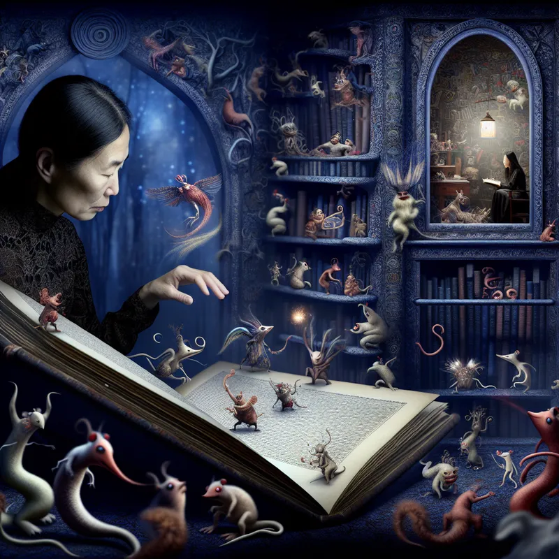 Vrouw leest boek in surrealistische kamer met bizarre wezens