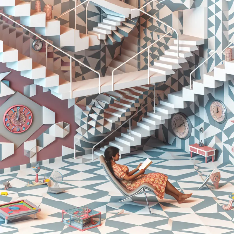 Een surrealistische kamer gevuld met geometrische vormen en een persoon die ontspant op een moderne stoel met een boek.