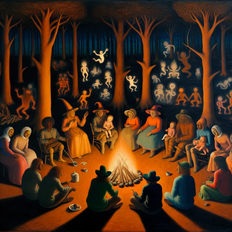 Surreële kampeerscène met families rond een kampvuur