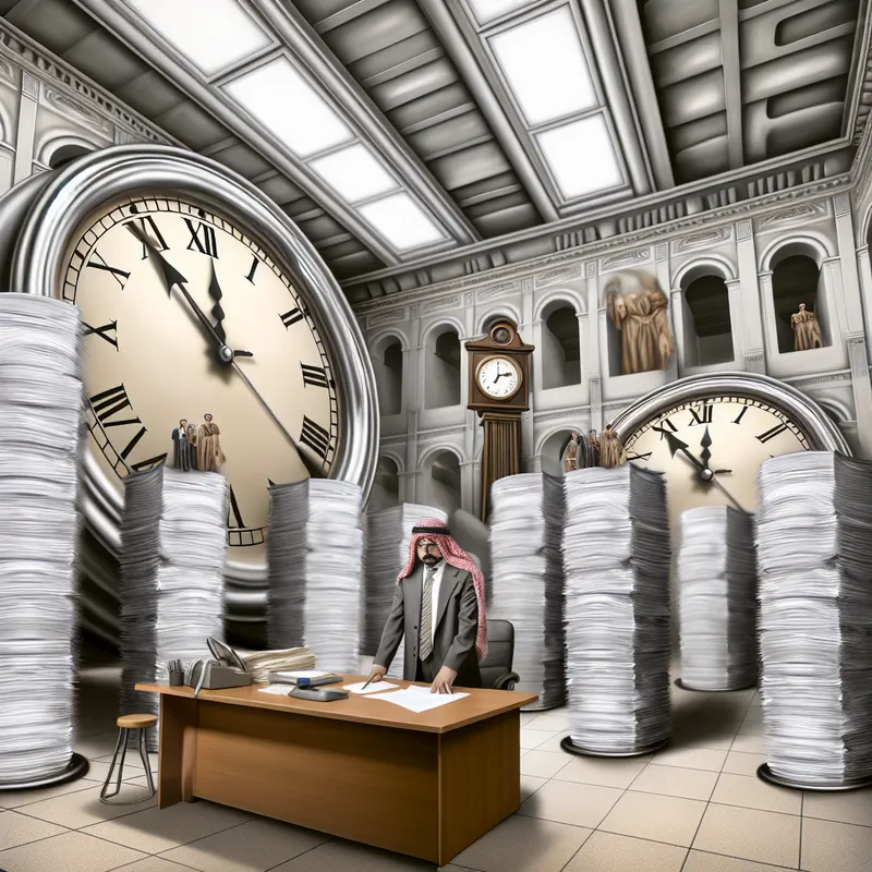 Man overweldigd door stapels papier en klokken in kantoorvergadering.