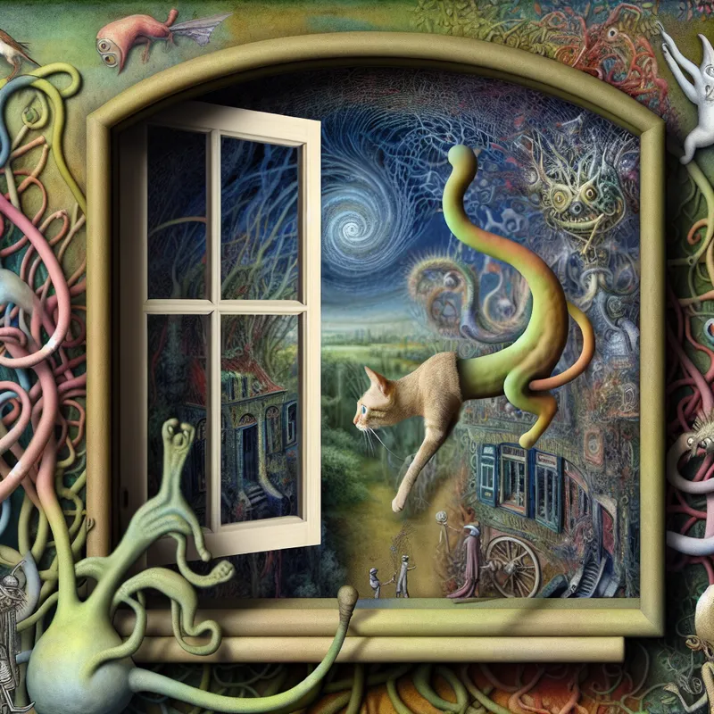 Surrealistische scène met een wendbare kat die door een open raam glijdt, omringd door bizarre wezens en kronkelende wijnstokken.