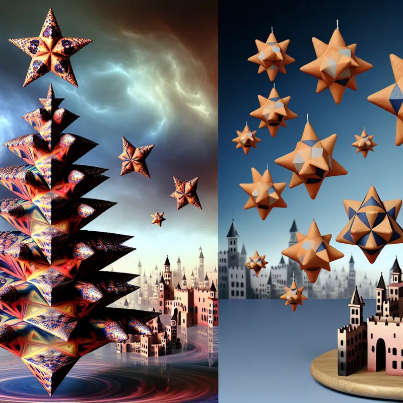 Een surrealistisch kerstboom geïnspireerd door M.C. Escher, versierd met geometrische sterrendecoraties en zwevende stervormige lekkernijen.