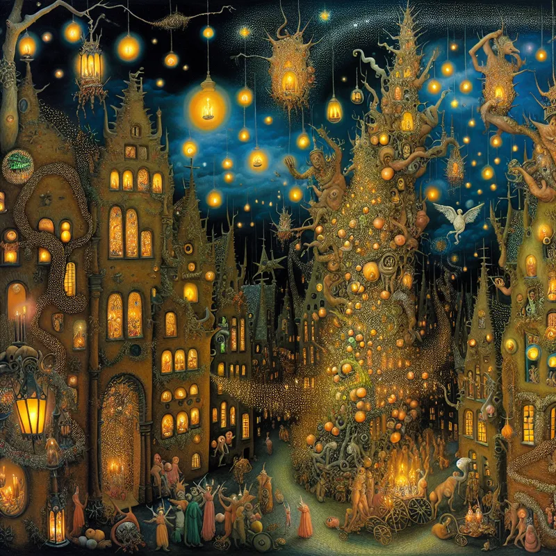 Surrealistisch middeleeuws stadsplein met kerstsfeer, verlichte lantaarns, bizarre wezens en een magische kerstboom in de stijl van Jheronimus Bosch