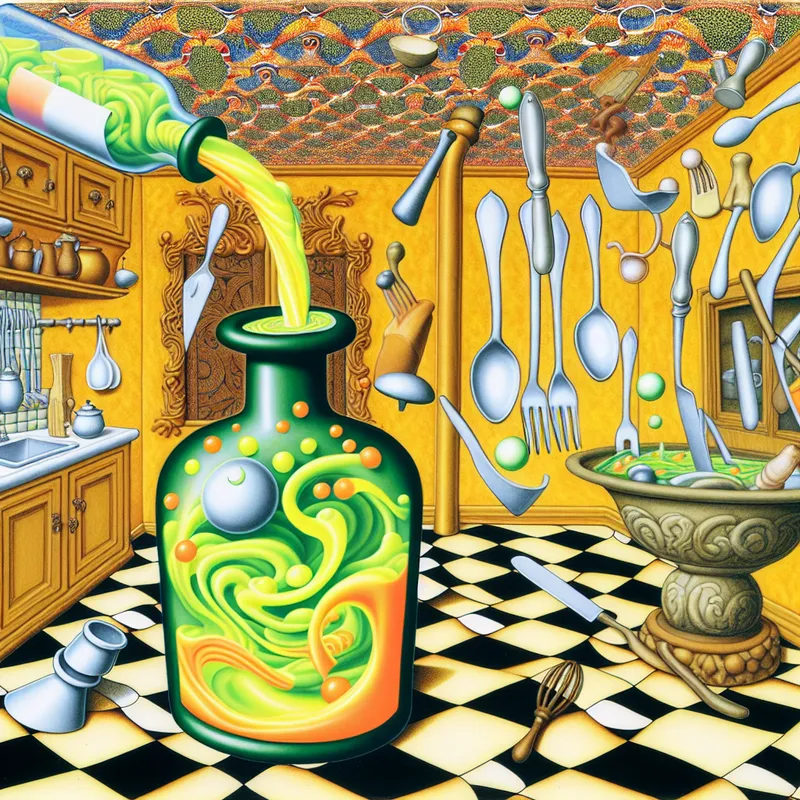 Een surrealistische keuken met een grote fles 'Azijnzuur' die vloeistof morfoseert naar keukenartikelen, in de stijl van M.C. Escher.