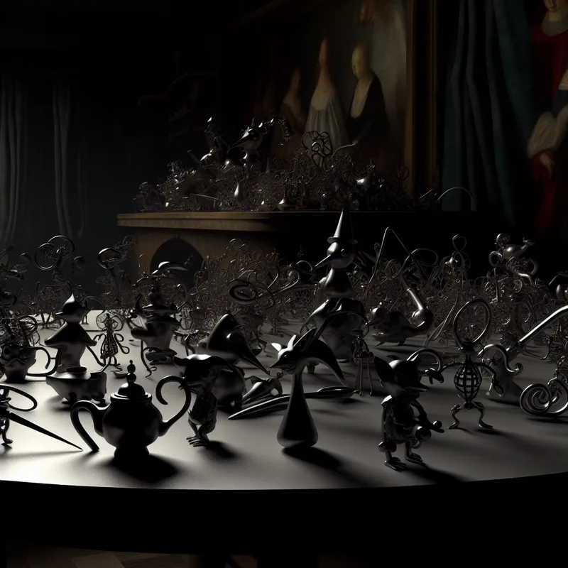 Een surrealistische keuken met een rommelige tafel vol kleine, bijzondere ijzeren gereedschappen, geïnspireerd door Hieronymus Bosch.