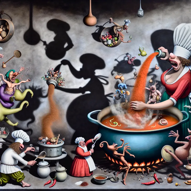 Een chef in een surrealistische keuken terwijl hij een grote pan soep roert, omringd door bizarre wezens die specerijen vertegenwoordigen.