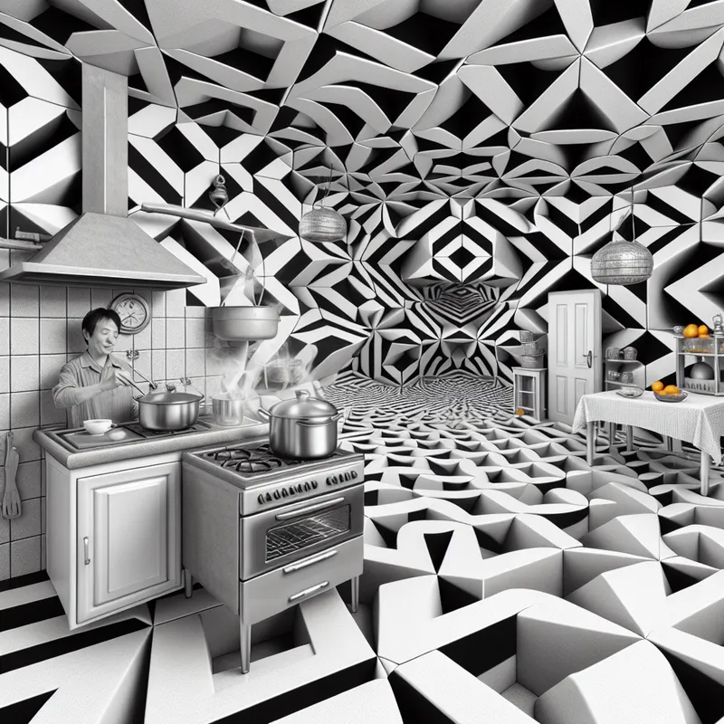 Surrealistische keuken met geometrische patronen en persoon aan het koken