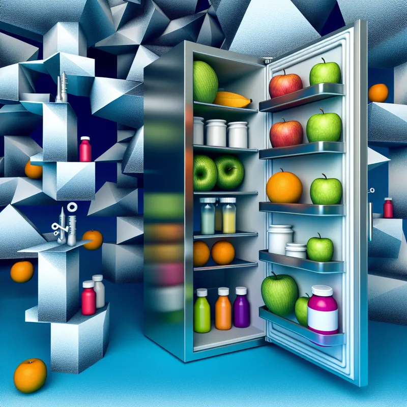 Surrealistische koelkast met vruchten en medicijnen, geïnspireerd door M.C. Escher, met geometrische vormen en illusies.
