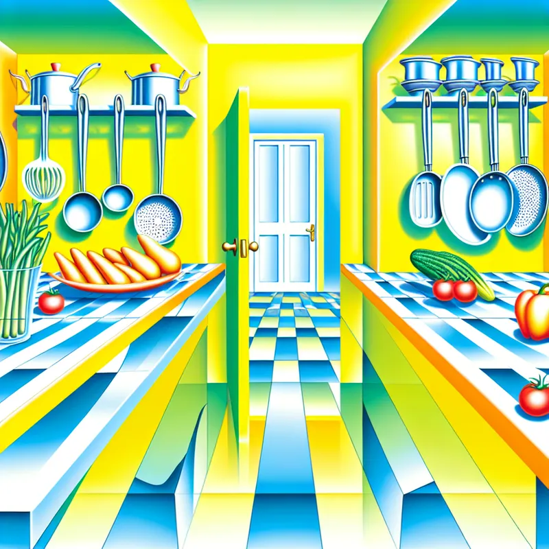 Surrealistische keukenscène met een spiegelende vloer en zwevende keukenhulpen en groenten