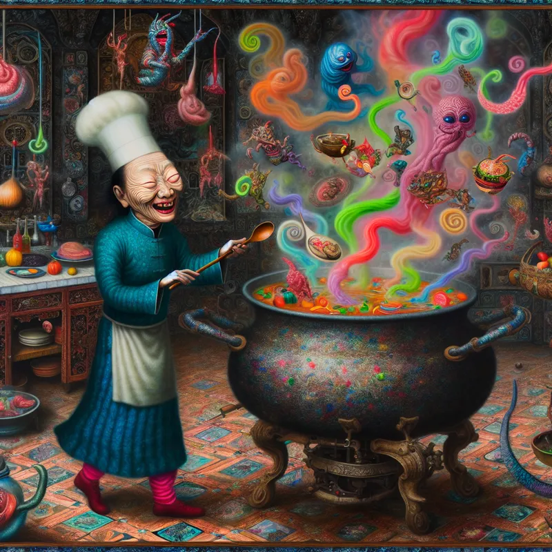 Surrealistische keuken met een vrolijke chef-kok die een kleurrijke soep bereidt met bizarre ingrediënten.