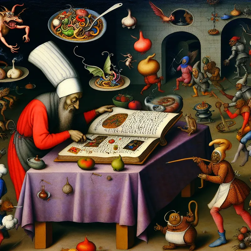 Een surrealistische keukenscène met een kok omringd door bizarre wezens die ingrediënten en gereedschappen vasthouden, terwijl hij een kookboek aanpast.