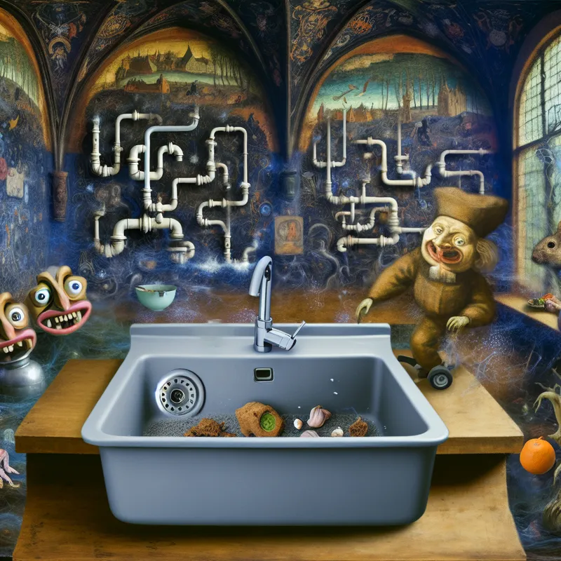 Surrealistische afbeelding van een keukenonderwereld met een overstroomde gootsteen en bizarre, groteske wezens.