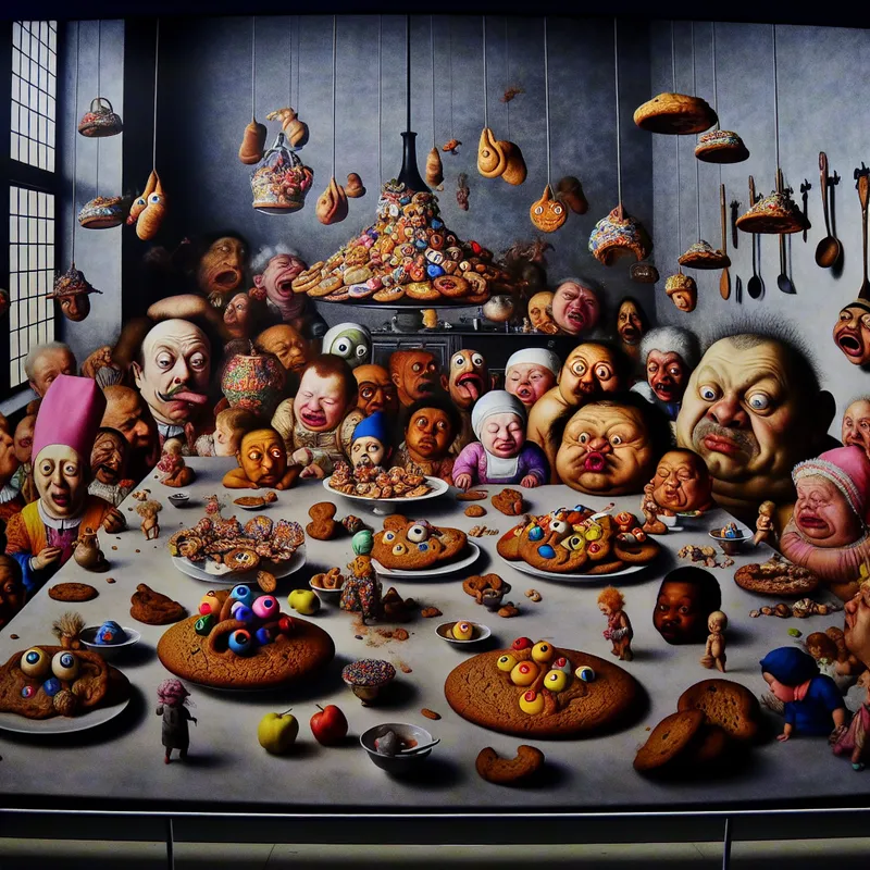 Een surrealistisch keukenlandschap met bizarre kinderen die vragen stellen over kleurrijke koekjes.