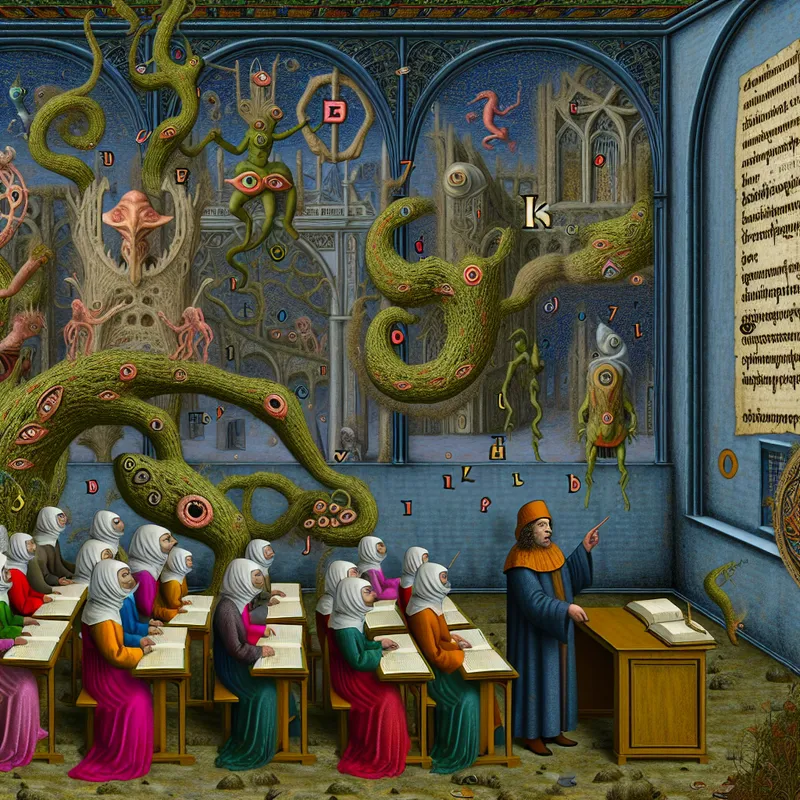 Surrealistische klaslokaal met een leraar die studenten begeleidt in het ontdekken van de etymologie van het woord 'informatie', met fantasievolle wezens en zwevende manuscripten.