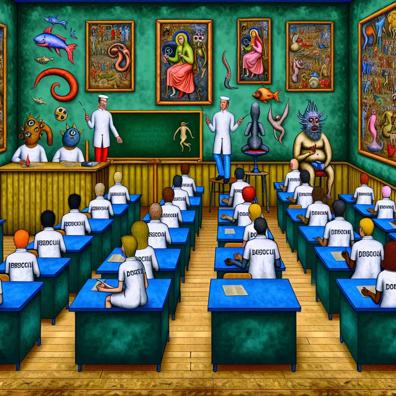 Surrealistische klasomgeving met diverse nieuwe werknemers die les krijgen in klantenservice, omringd door bizarre wezens als leraars.