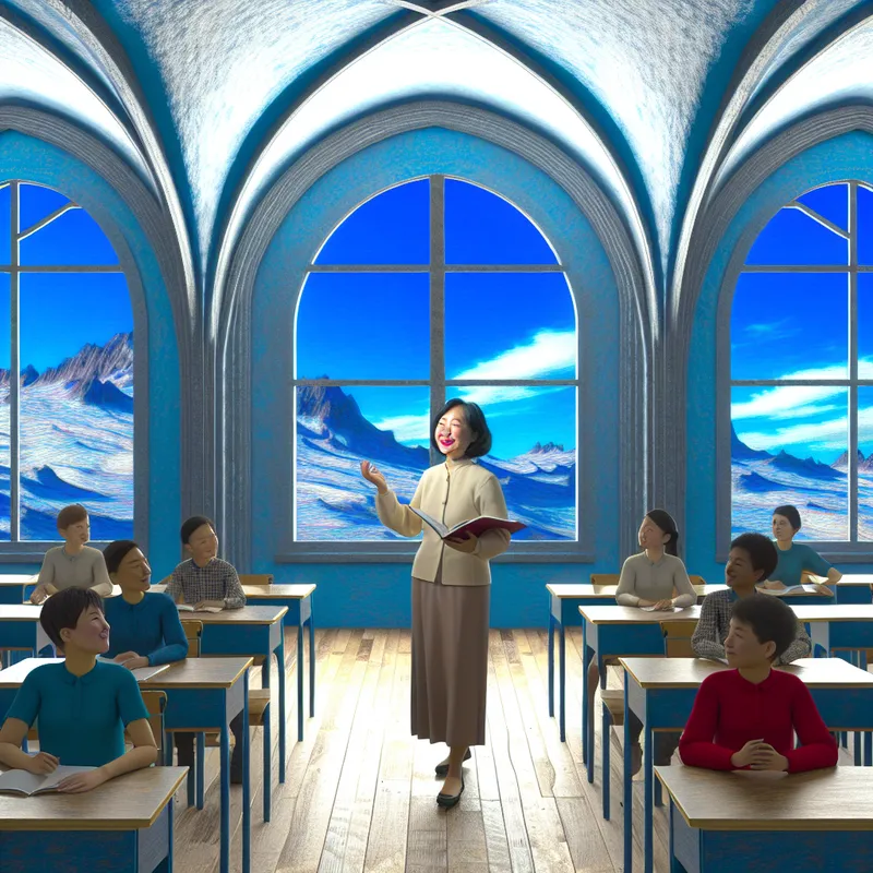 Surrealistische scène van een klaslokaal met een geduldige lerares en diverse studenten die leren