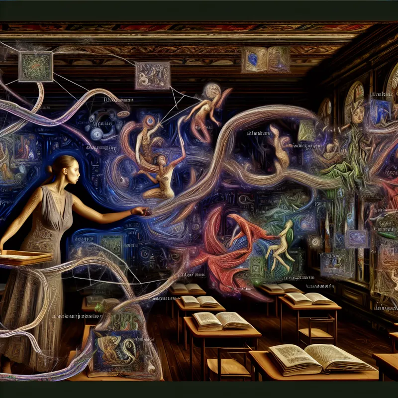 Een surrealistische les in een fantasierijke klaslokaal met een mythische leraar die historische en culturele elementen weeft tot een kleurrijke tapijt van ideeën.