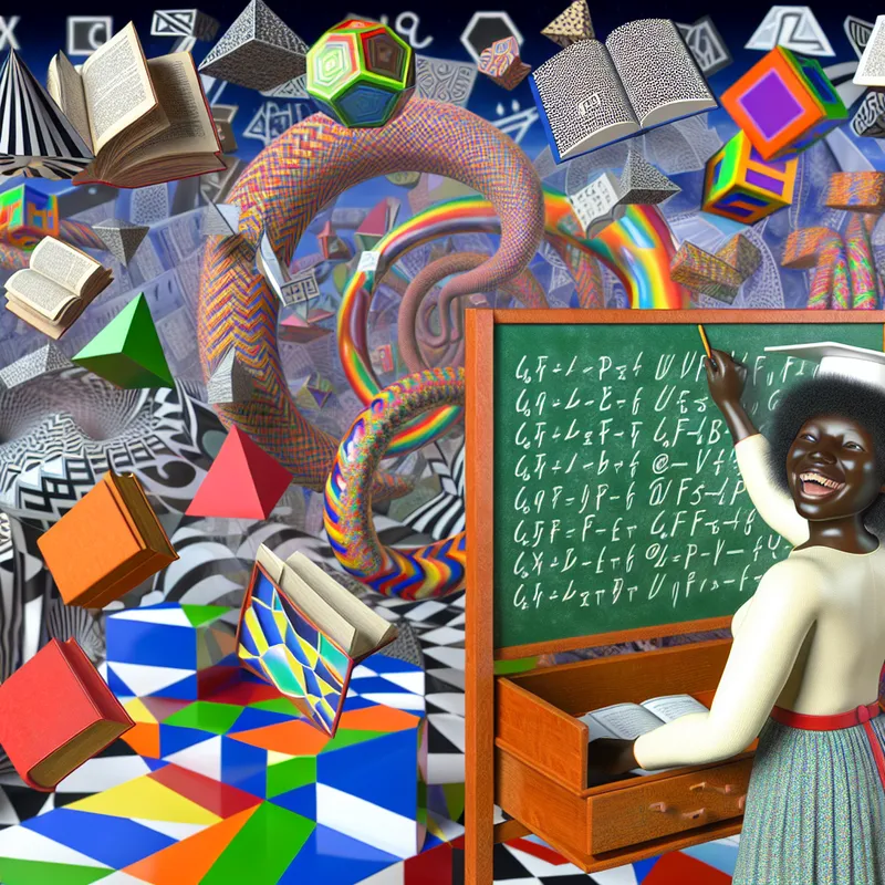 Jongeman in een surrealistische klas omringd door drijvende geometrische vormen en patronen die verschillende talen en kennis uitbeelden, terwijl ze blij nieuwe woorden schrijft voor een krijtbord.