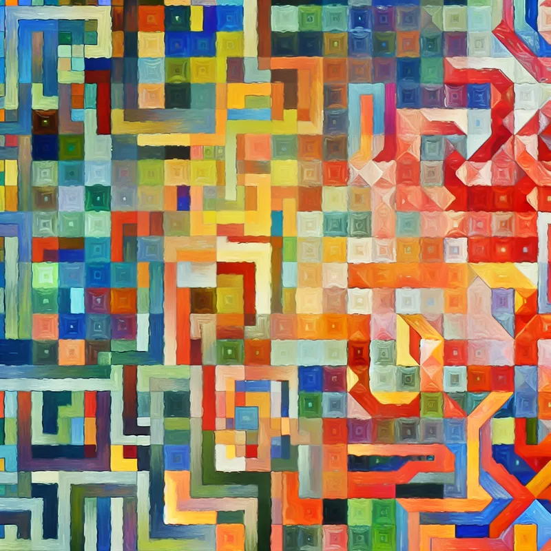 Surrealistisch kunstwerk in de stijl van M.C. Escher met geometrische vormen en levendige kleuren die hun diepere betekenissen weergeven.