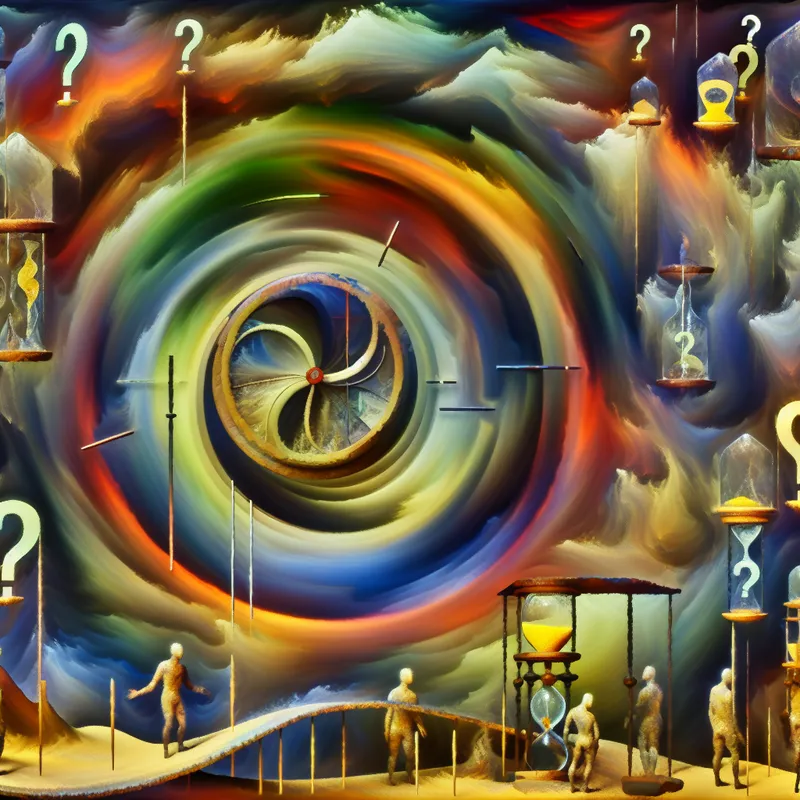 Surrealistische klok met abstracte handen in een dromerige landschap vol vreemde wezens en levendige kleuren