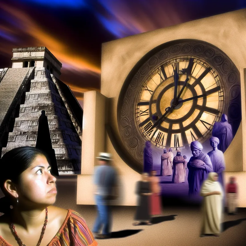 Hyper-realistisch beeld van een oude klok tegenover een monument. Figuren in de achtergrond bespreken tijd.