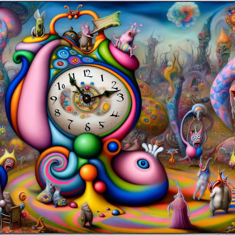 Een fantasierijk, surrealistisch beeld van een speelse klok in de stijl van Hieronymus Bosch, omgeven door bizarre wezens.