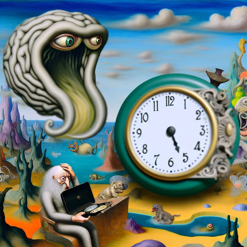 Een surrealistisch uurwerk met smeltende elementen en vreemde wezens die wachten, verbeeldt de concepten van tijd en vriendschap.