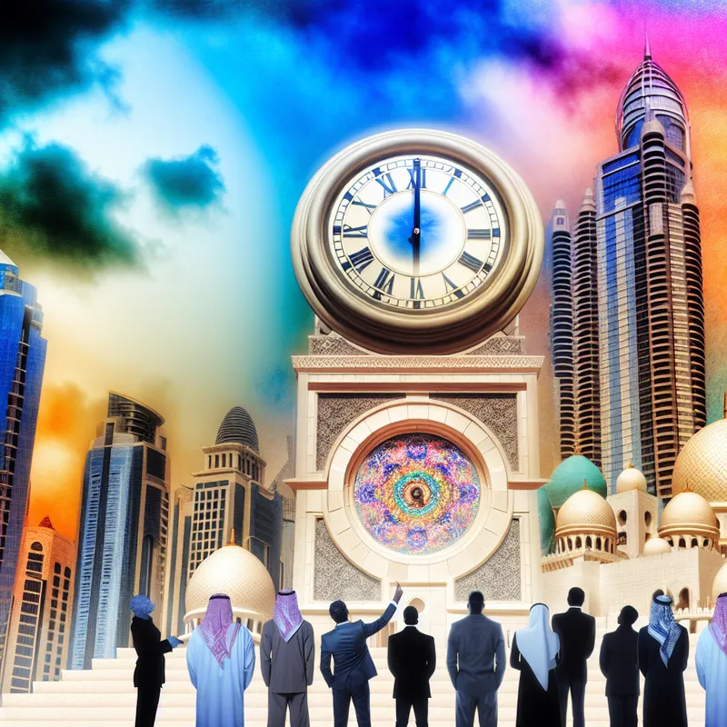 Een hyper-realistisch beeld van een grote klokkentoren die 8:00 uur slaat, omringd door een surrealistisch landschap met moderne wolkenkrabbers en klassieke architectuur.