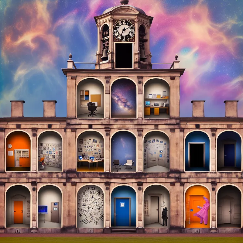 Surrealistische afbeelding van een grote kloktoren met verschillende deuren die naar unieke werkplekken leiden, symboliserend diverse carrièrekansen.