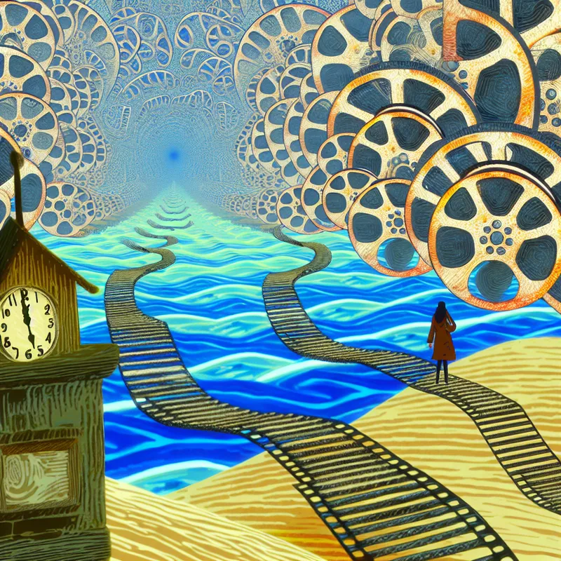 Surreal clock tower with film reels and impossible geometry in dreamlike landscape