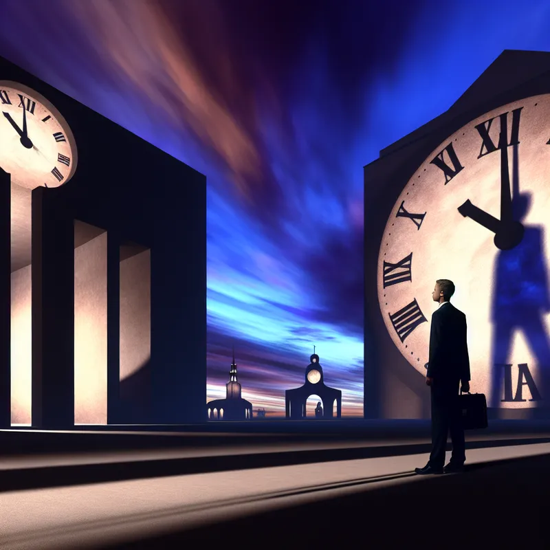 Grand clock tower at twilight with a silhouetted person holding a briefcase, symbolizing punctuality.