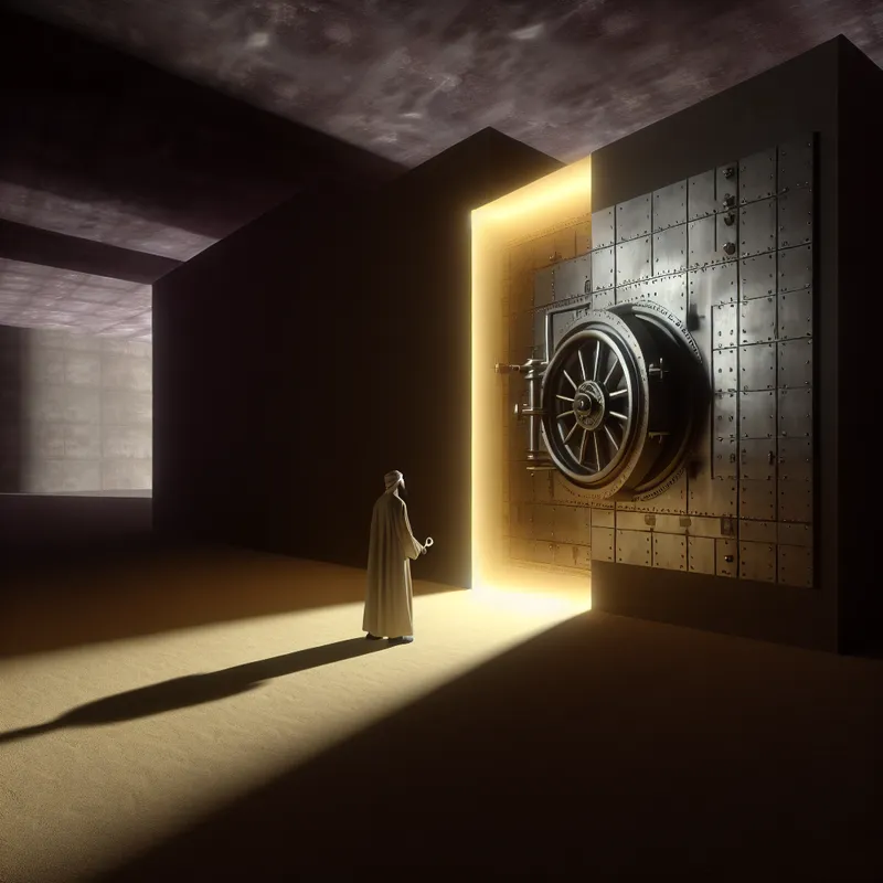 Eenzame figuur met sleutel voor een halfgeopende kluisdeur in een surrealistisch landschap, symboliserend privé en persoonlijke ruimte