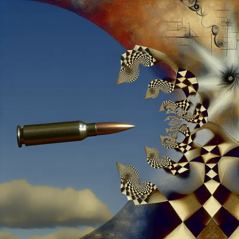 Surrealistische illustratie van een kogel in de lucht, omgeven door optische illusies en geometrische patronen in de stijl van M.C. Escher, symboliserend een afgevuurd projectiel