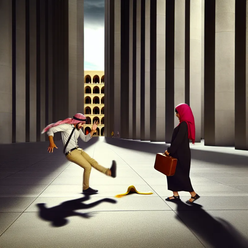 Twee mensen botsen per ongeluk op een uitgestrekte, lege plaza met monumentale architectuur op de achtergrond, waarbij een hoed wegvliegt en een bananenschil over de grond glijdt in een surrealistisch tafereel
