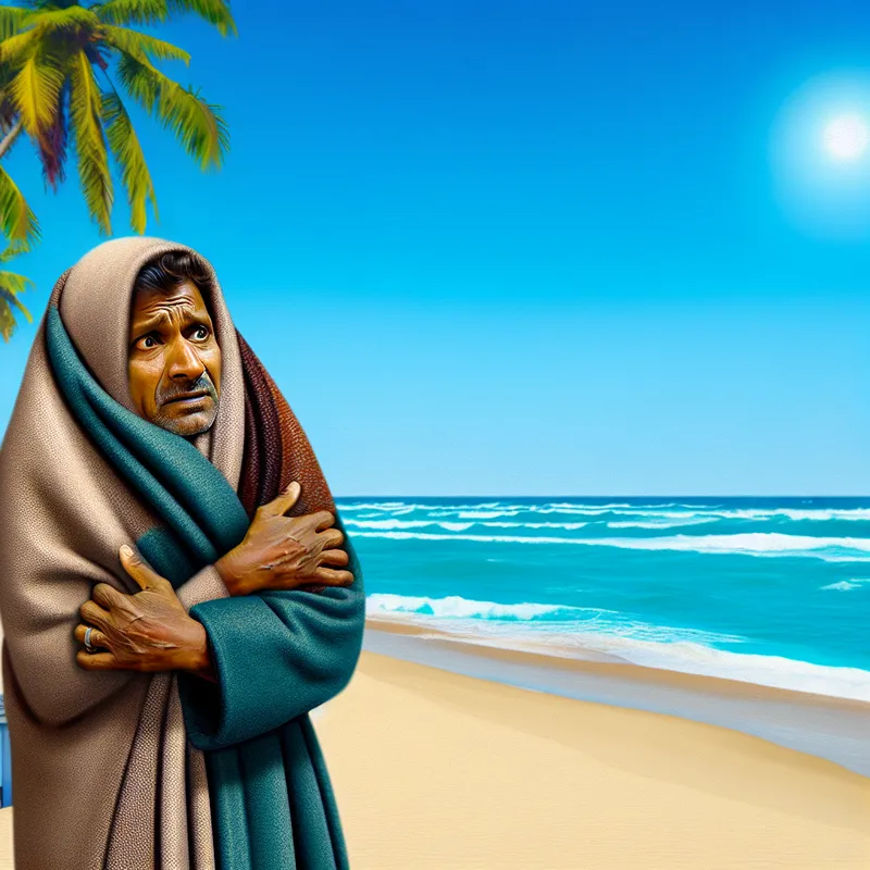 Persoon in dikke deken op zonnig strand met palmbomen, zichtbaar rillend van de kou