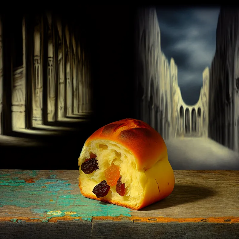 Hyperrealistisch surrealistisch broodje krentenbol met gouden korst, gedeeltelijk opengesneden met zichtbare rozijnen, op houten aanrecht met dramatische belichting