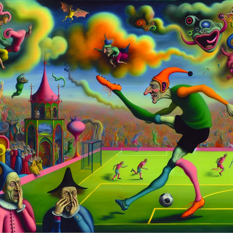 Surrealistische afbeelding van een speler die een 'kuijt' uitvoert tijdens een voetbalwedstrijd met bizarre wezens en een kleurrijk veld