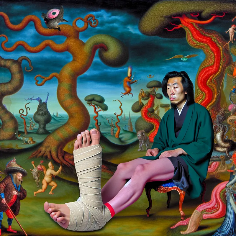 Een surrealistisch tafereel van een persoon met een prominente, geblesseerde enkel, omhuld met een kleurrijk verband, te midden van bizarre wezens en fantastischer elementen.