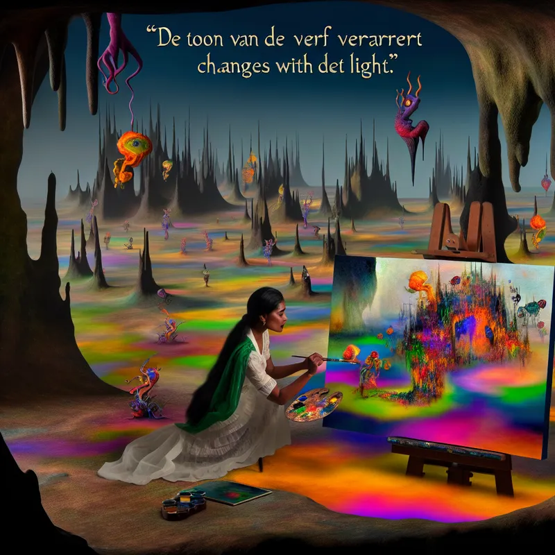 Een surrealistisch schilderij met een kunstenaar die in een fantastische omgeving werkt, omringd door kleurrijke creaties die uit het doek komen.