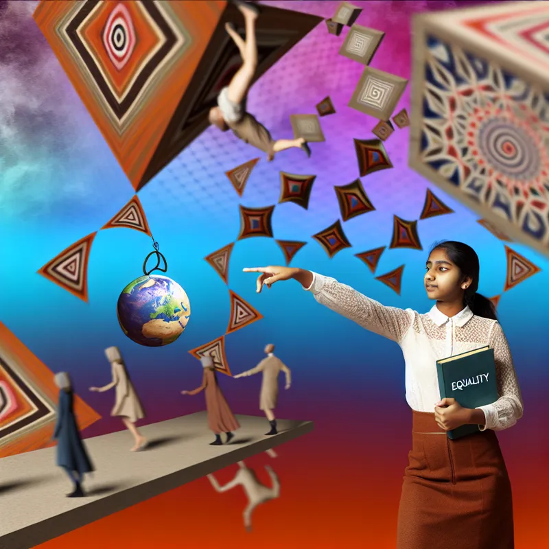 Surrealistische afbeelding van een jonge vrouw die omringd is door optische illusies die sociale ongelijkheden zoals gender en ras representeren, met een boek en een globe.