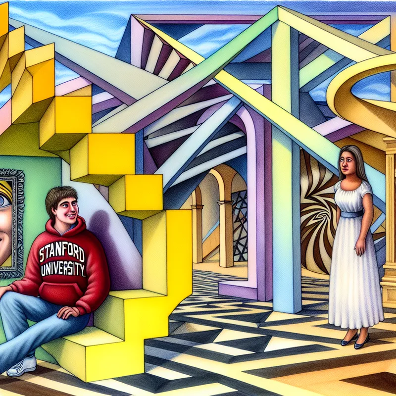 Surrealistische afbeelding van twee personages in een geometrisch landschap, met een man met een verontschuldigende uitdrukking en een vrouw met een begripvolle glimlach.