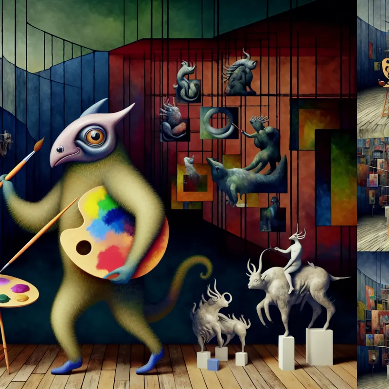 Een surrealistisch tafereel geïnspireerd door de kunst van Hieronymus Bosch, met een levendige schilderachtige creatuur en vreemde sculpturen.